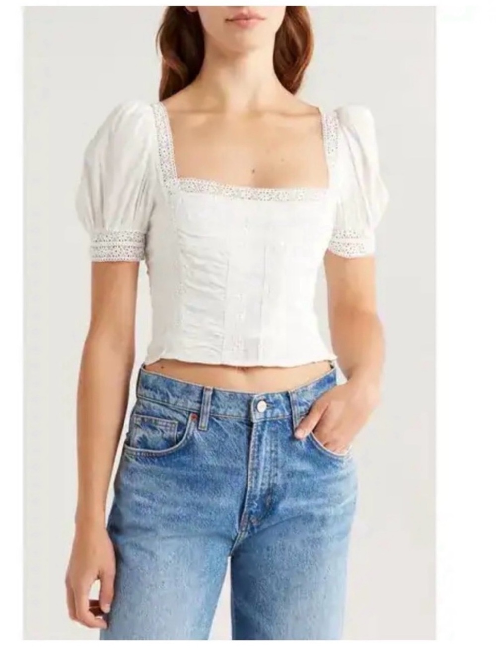 Reformation Lavena White Lace-Trim Square Neck Puff Sleeve Crop Top